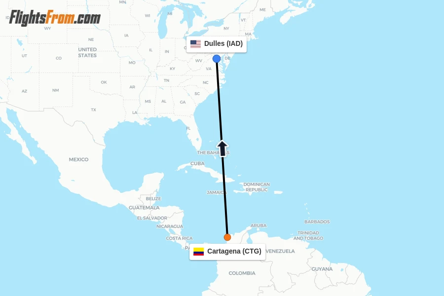 Flights from Cartagena to Dulles route map