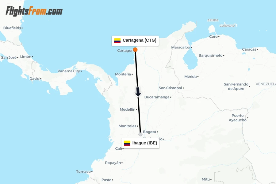 Flights from Cartagena to Ibague route map
