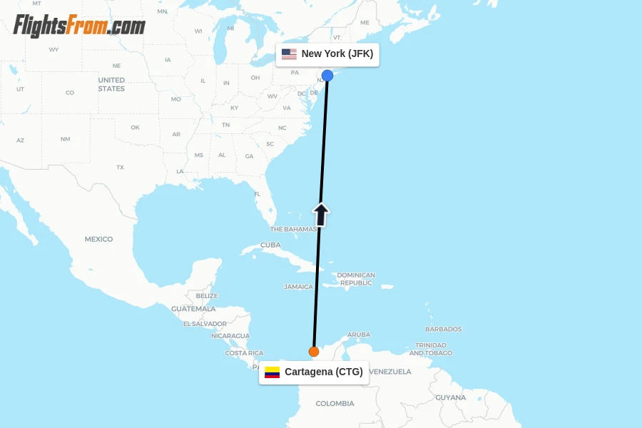 Flights from Cartagena to New York route map