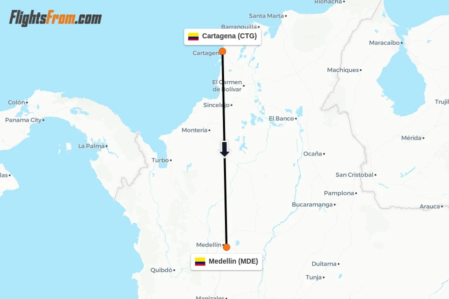 Flights from Cartagena to Medellin route map