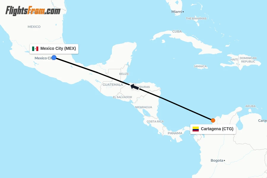 Flights from Cartagena to Mexico City route map