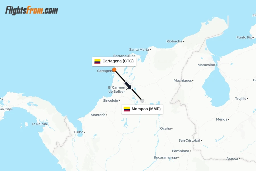 Flights from Cartagena to Mompos route map