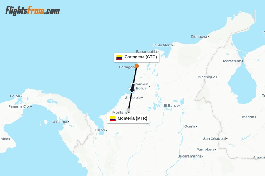 Flights from Cartagena to Monteria route map