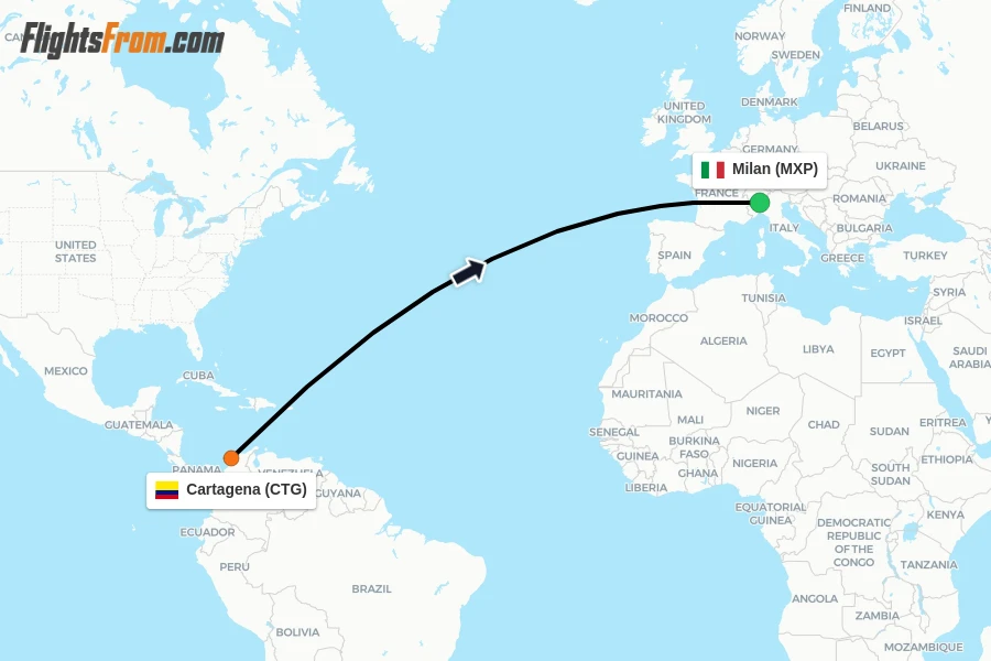 Flights from Cartagena to Milan route map