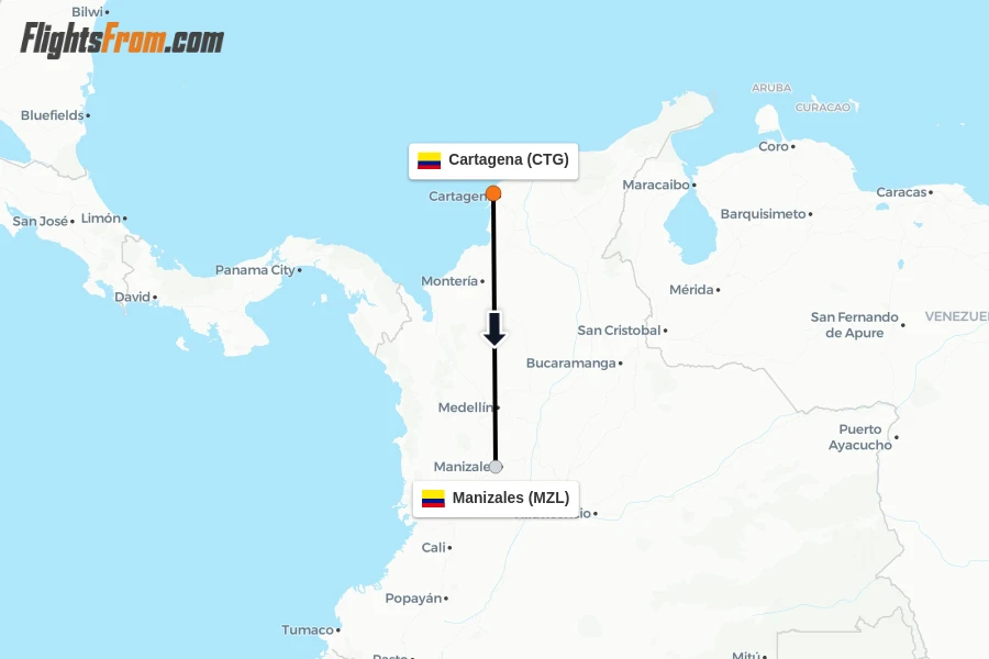 Flights from Cartagena to Manizales route map