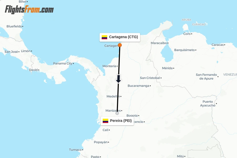 Flights from Cartagena to Pereira route map