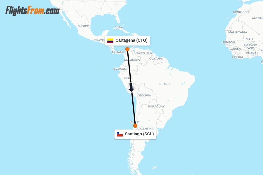 Flights from Cartagena to Santiago route map