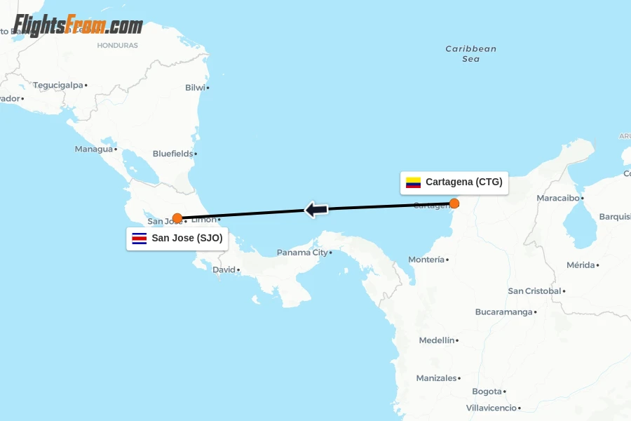 Flights from Cartagena to San Jose route map