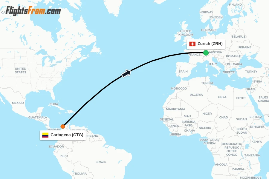 Flights from Cartagena to Zurich route map
