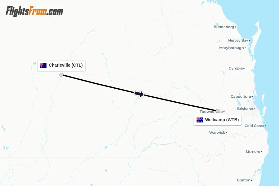 Flights from Charleville to Wellcamp route map