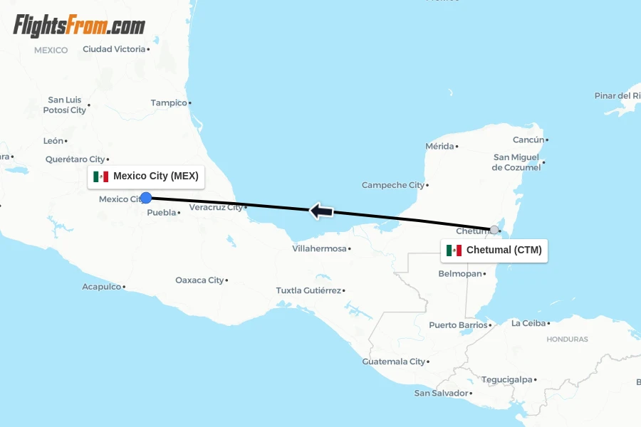 Flights from Chetumal to Mexico City route map