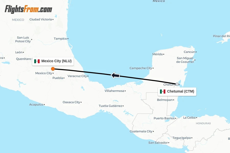 Flights from Chetumal to Mexico City route map