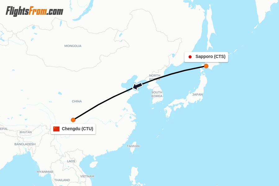 Flights from Sapporo to Chengdu route map