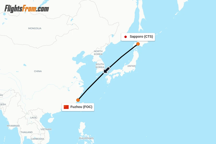 Flights from Sapporo to Fuzhou route map