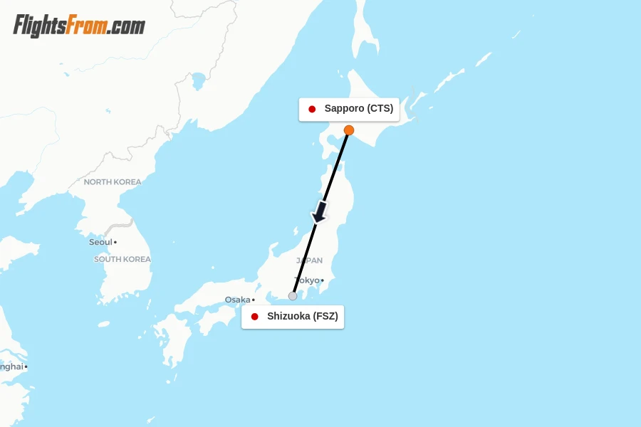 Flights from Sapporo to Shizuoka route map