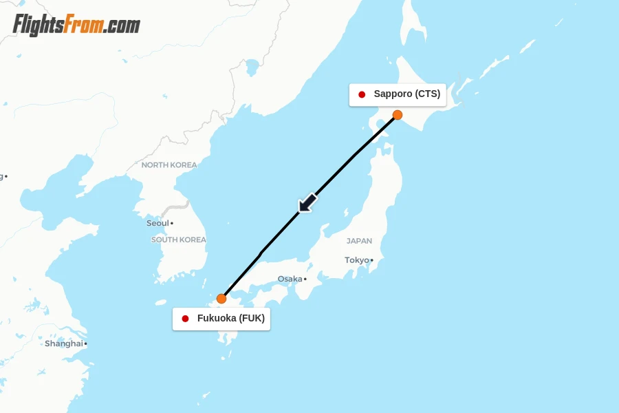 Flights from Sapporo to Fukuoka route map