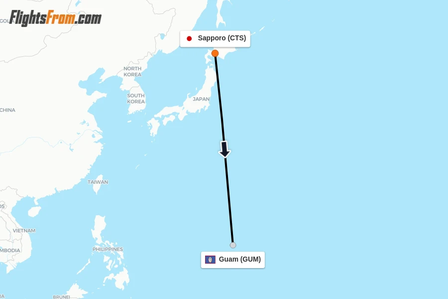 Flights from Sapporo to Guam route map