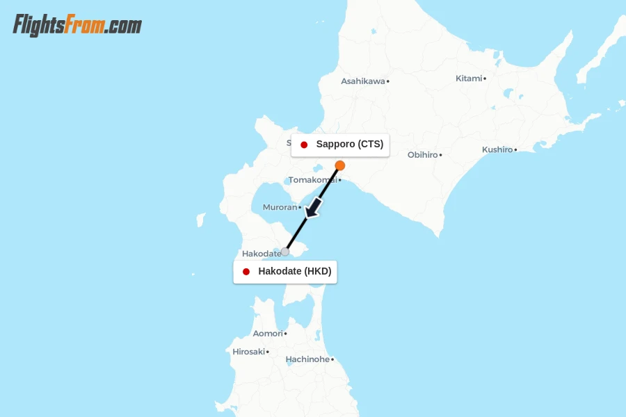 Flights from Sapporo to Hakodate route map