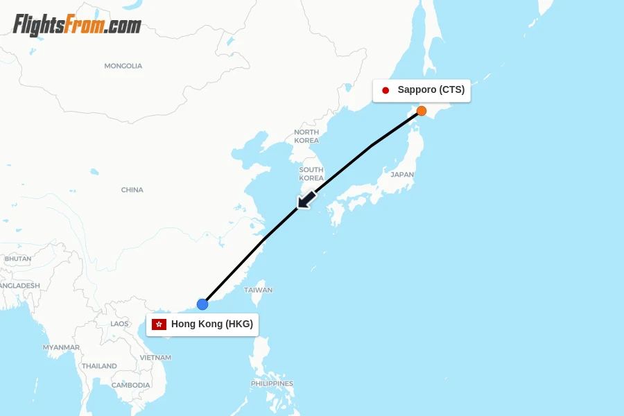 Flights from Sapporo to Hong Kong route map