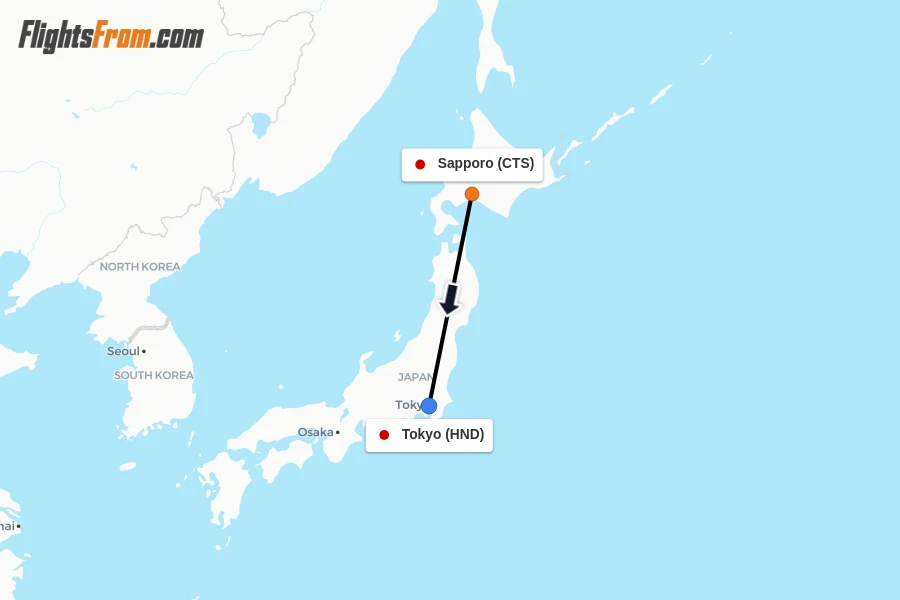 Flights from Sapporo to Tokyo route map