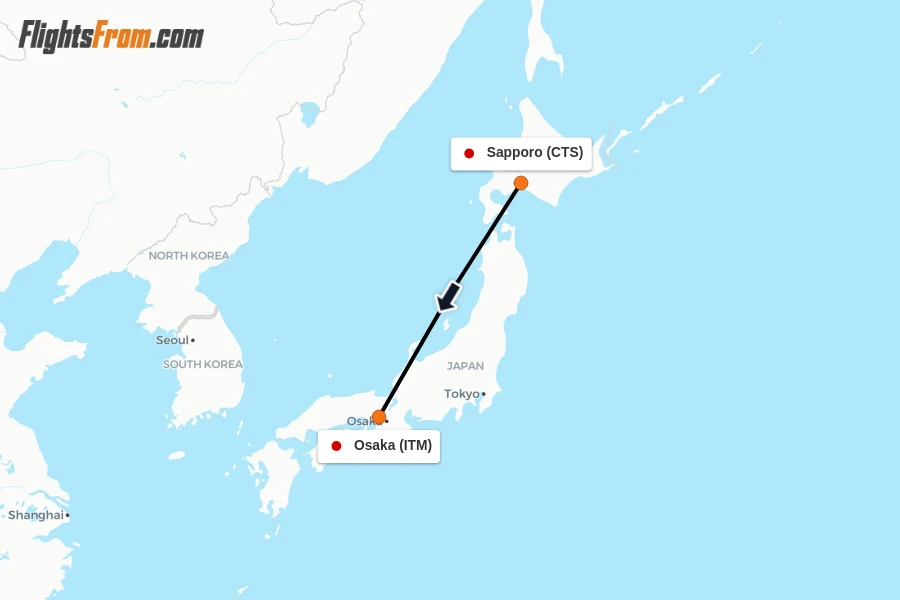 Flights from Sapporo to Osaka route map