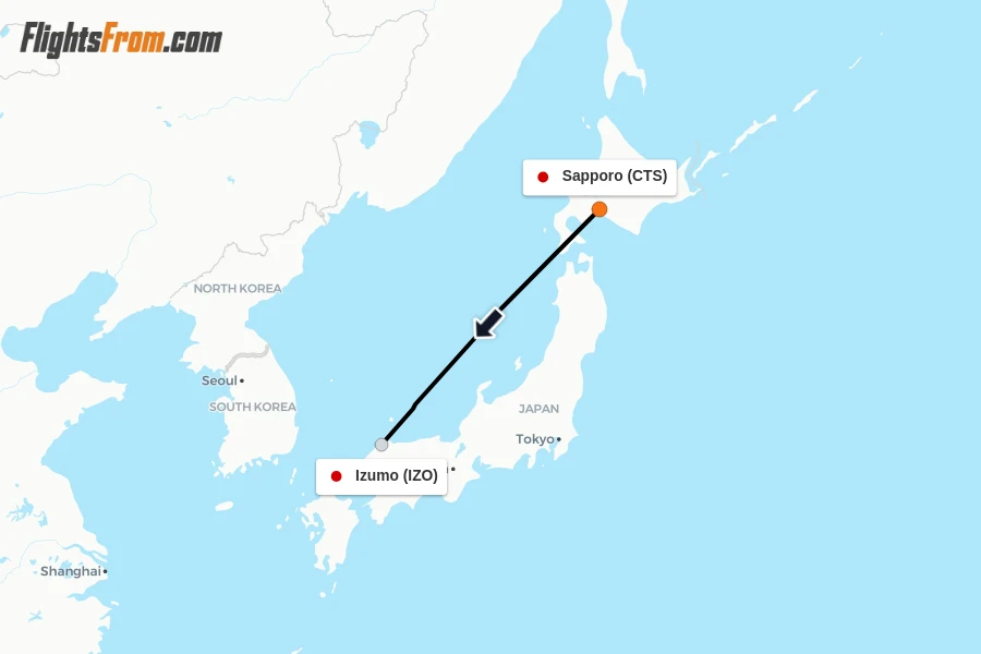 Flights from Sapporo to Izumo route map