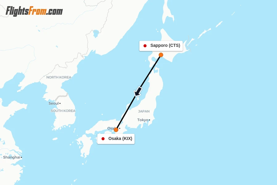 Flights from Sapporo to Osaka route map