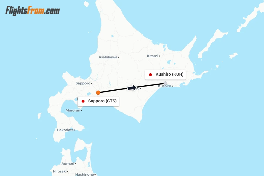 Flights from Sapporo to Kushiro route map