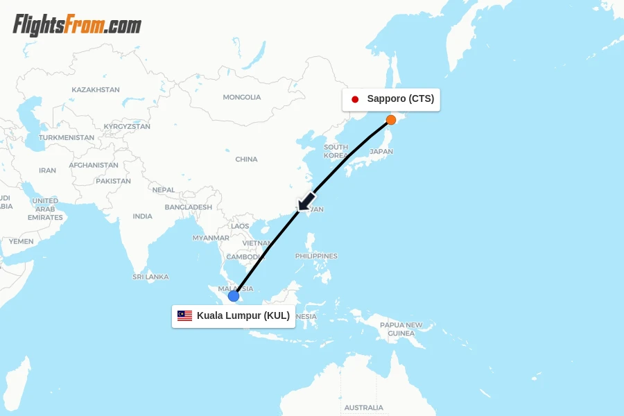 Flights from Sapporo to Kuala Lumpur route map