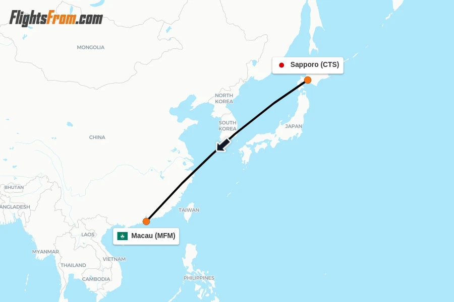 Flights from Sapporo to Macau route map
