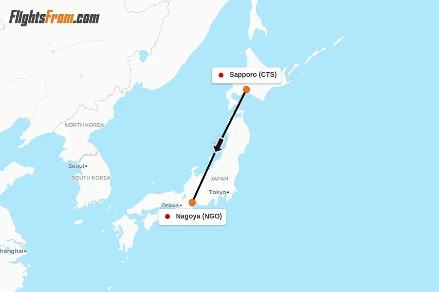 Flights from Sapporo to Nagoya route map