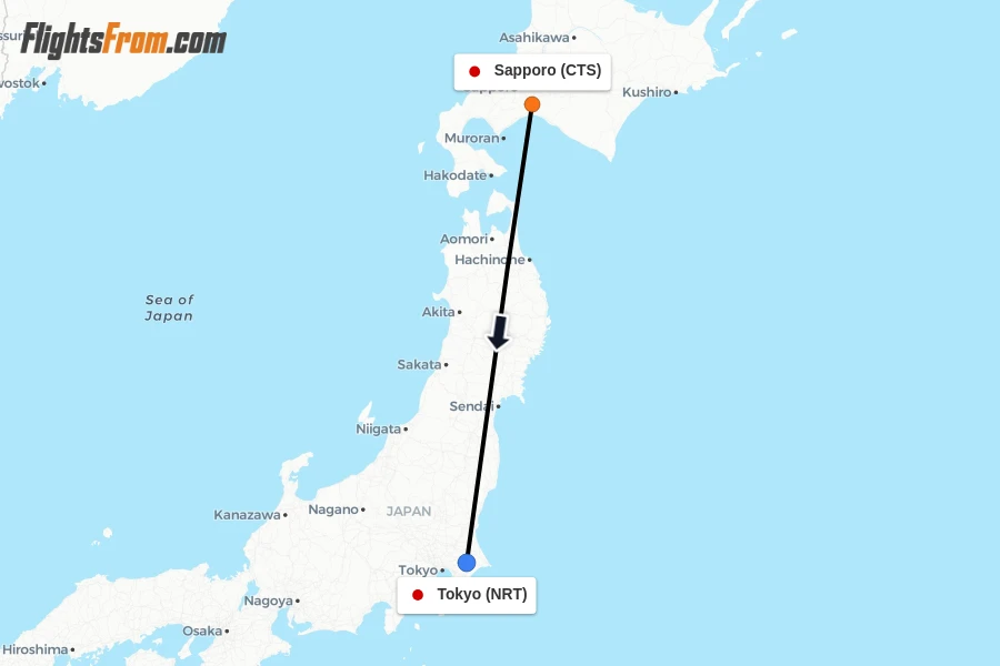 Flights from Sapporo to Tokyo route map