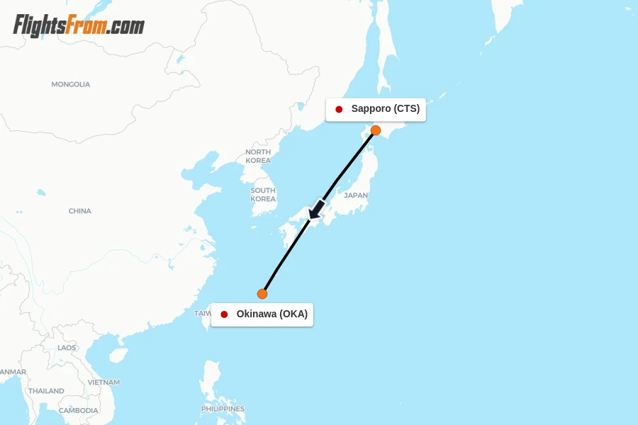 Flights from Sapporo to Okinawa route map