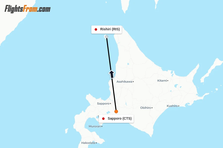 Flights from Sapporo to Rishiri route map