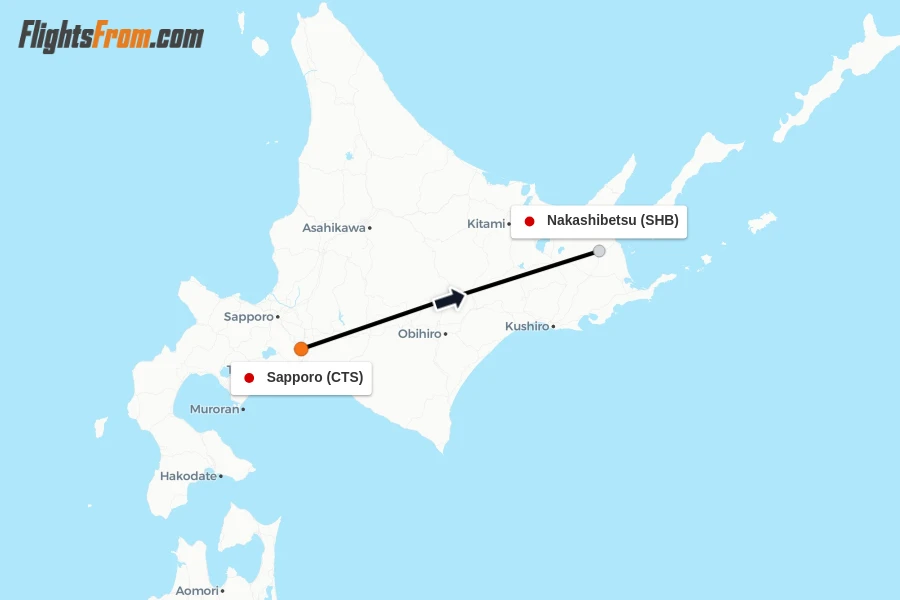 Flights from Sapporo to Nakashibetsu route map