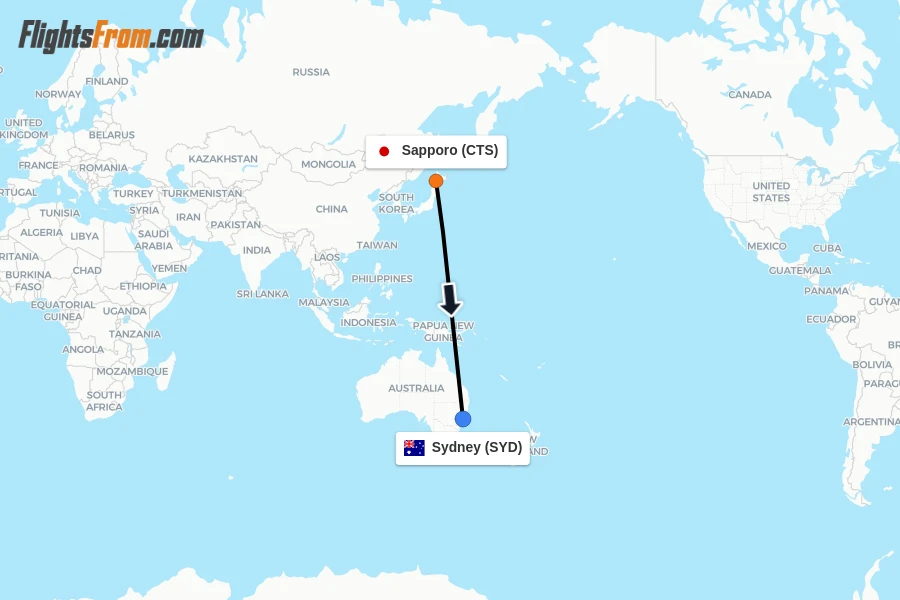 Flights from Sapporo to Sydney route map