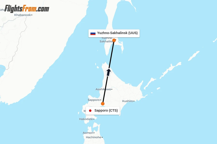 Flights from Sapporo to Yuzhno-Sakhalinsk route map