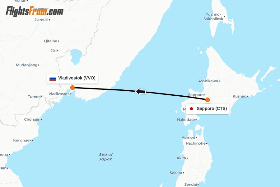 Flights from Sapporo to Vladivostok route map