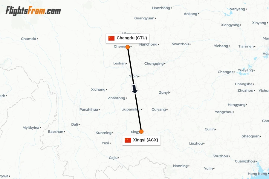 Flights from Chengdu to Xingyi route map