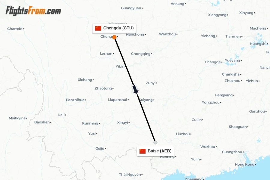 Flights from Chengdu to Baise route map