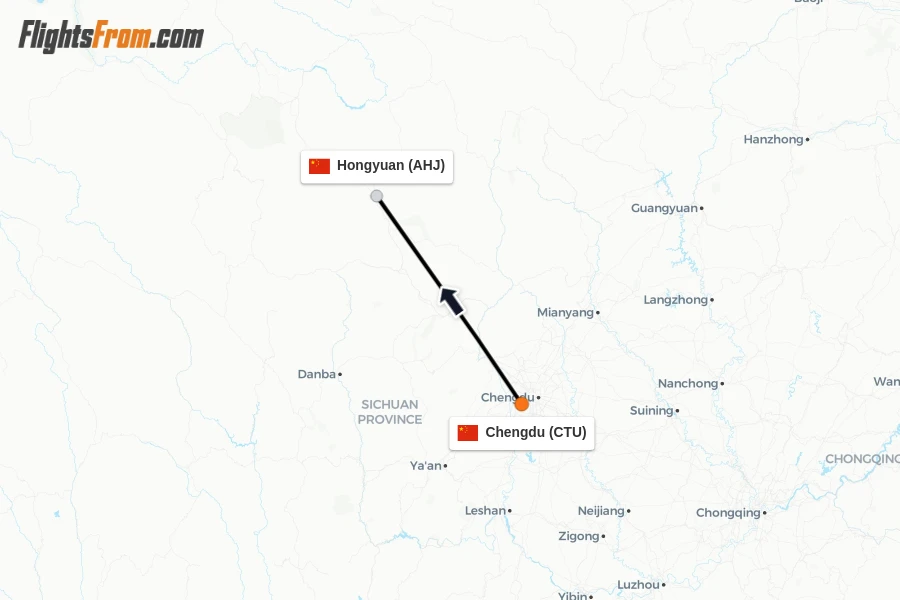 Flights from Chengdu to Hongyuan route map