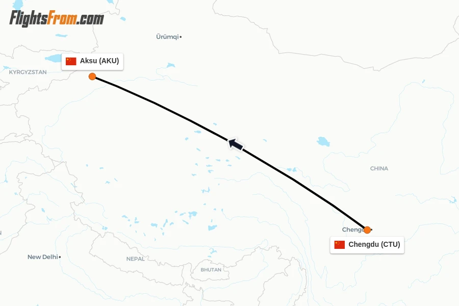 Flights from Chengdu to Aksu route map