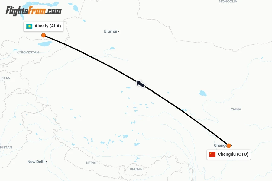 Flights from Chengdu to Almaty route map