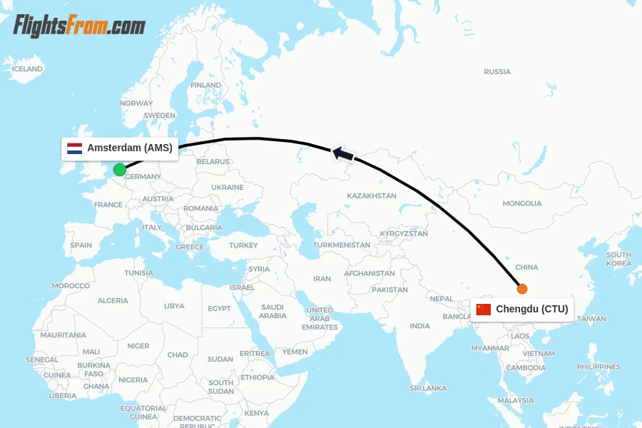 Flights from Chengdu to Amsterdam route map