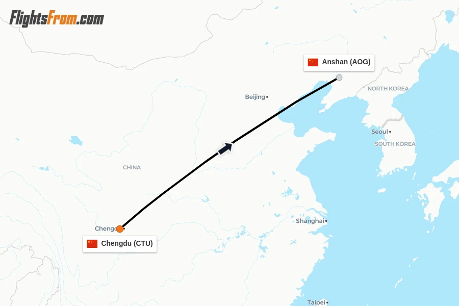 Flights from Chengdu to Anshan route map