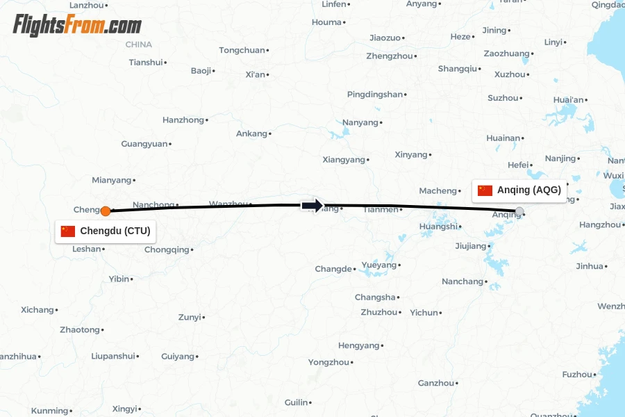 Flights from Chengdu to Anqing route map