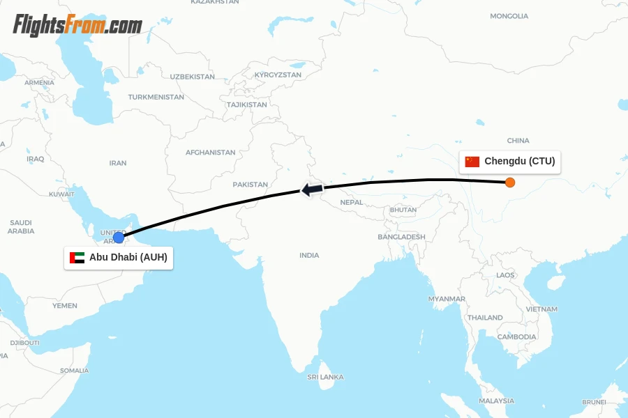 Flights from Chengdu to Abu Dhabi route map