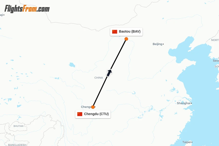 Flights from Chengdu to Baotou route map