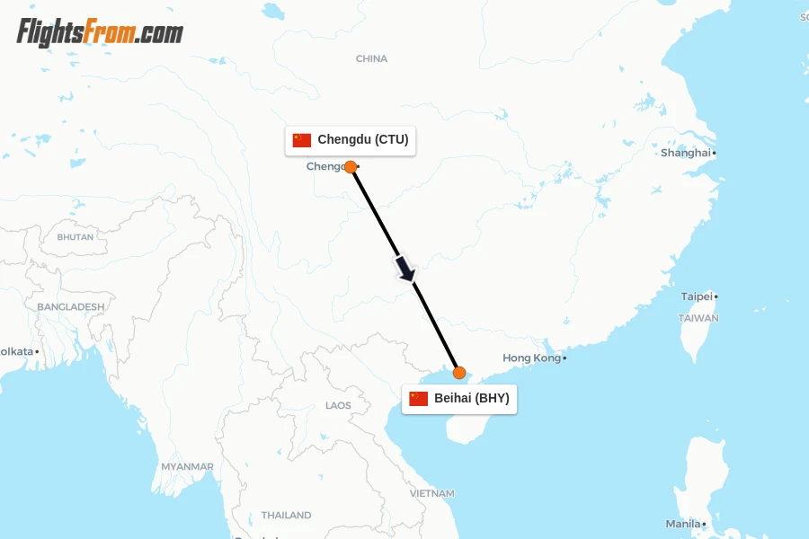 Flights from Chengdu to Beihai route map