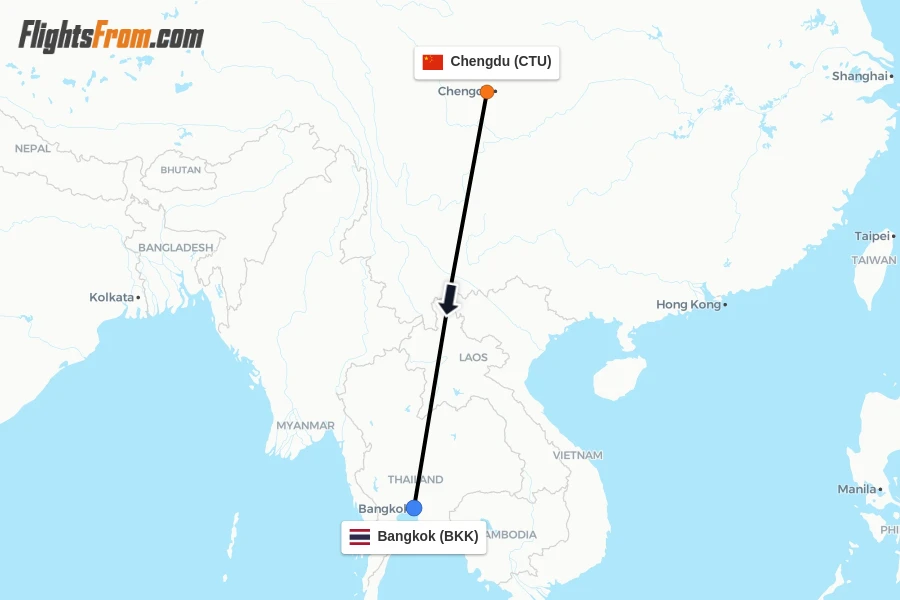Flights from Chengdu to Bangkok route map